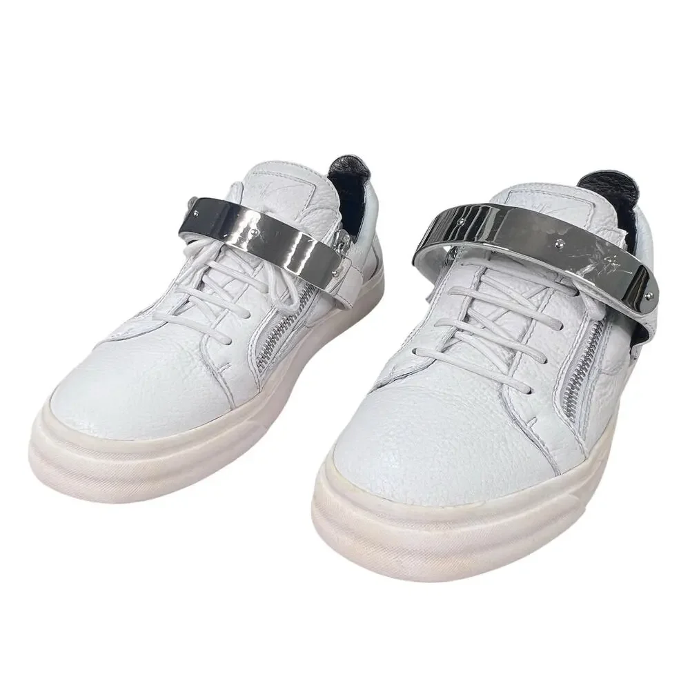 Giuseppe Zanotti White Leather Ski-Buckle Low-Top Sneakers Size 44 US 11